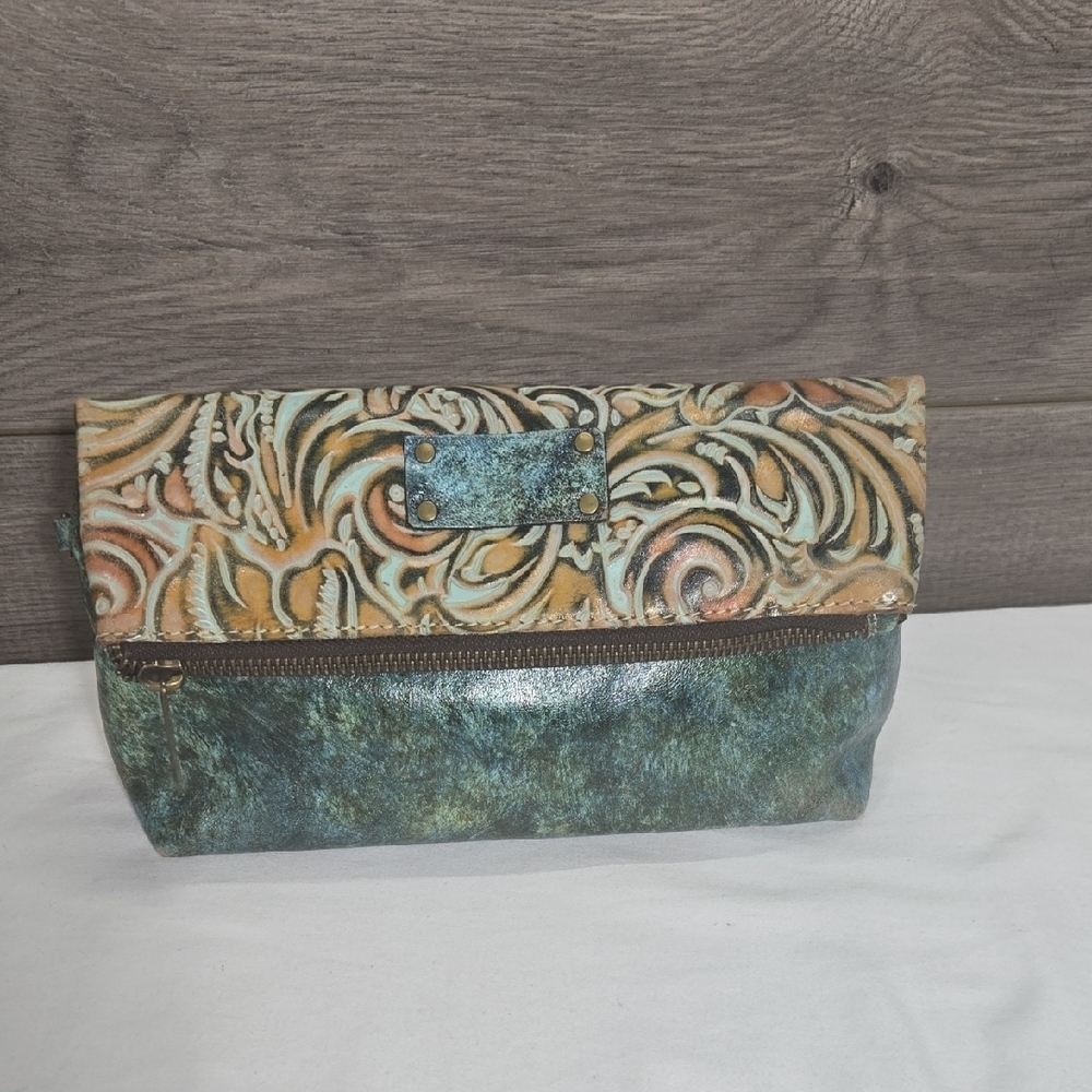 Patricia Nash Brown-Turquoise Tooled Leather Clutch Handbag
